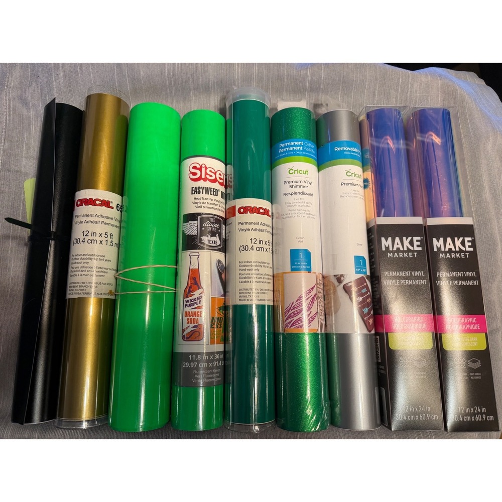 Cricut Oracal Siser Vinyl Bundle, Mixed Lot of 9, Rolls Multicolor — New & Used